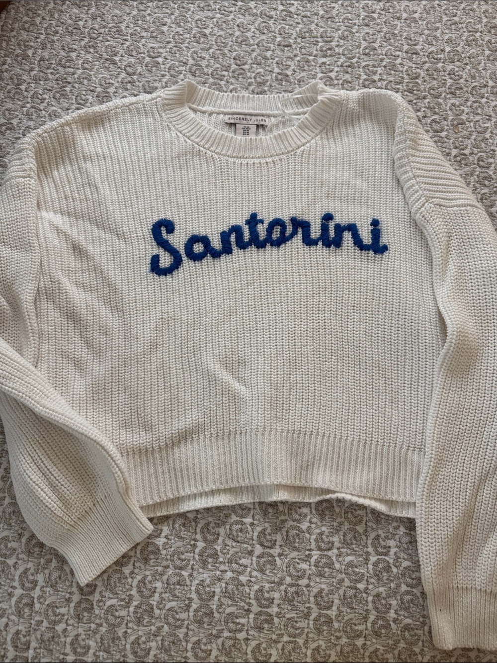 Sincerely Jules Cream Crewneck Sweater with Blue "Santorini" Embroidery